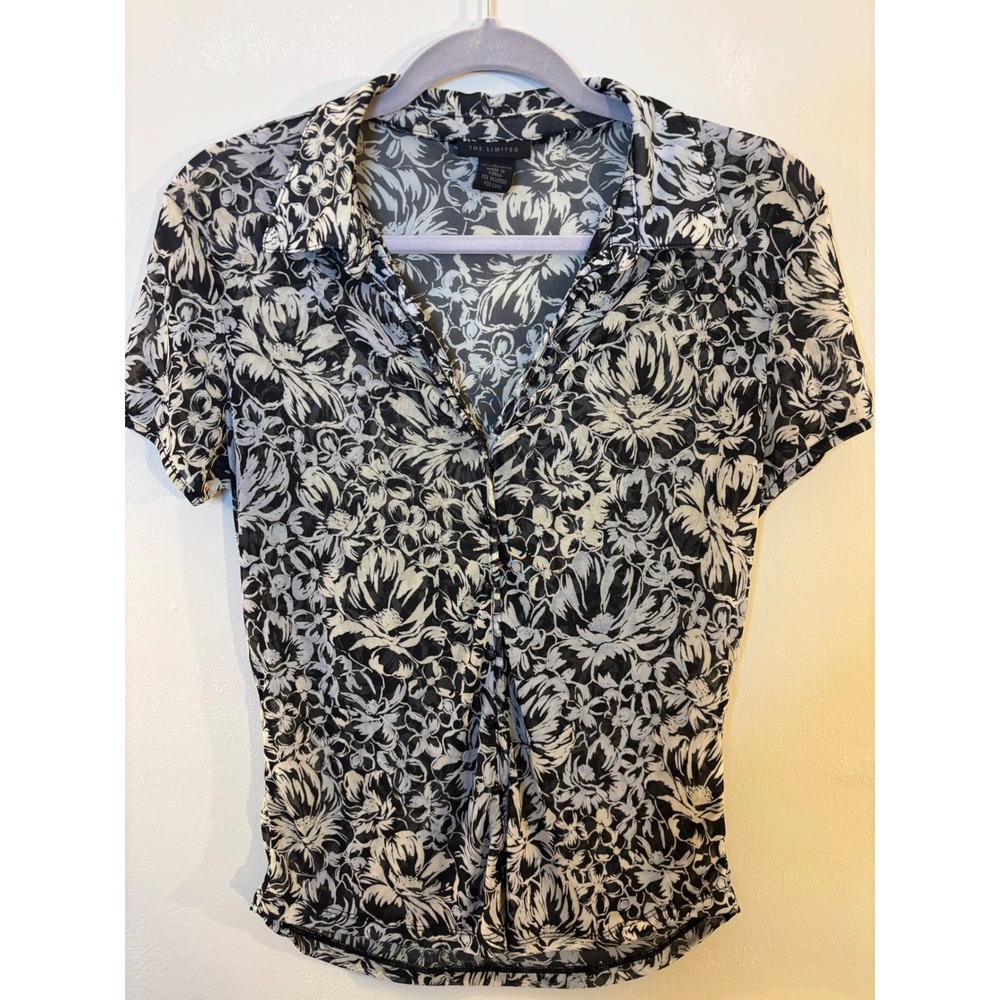 VTG The Limited Black & Ivory Floral Sheer Blouse L Short Sleeve